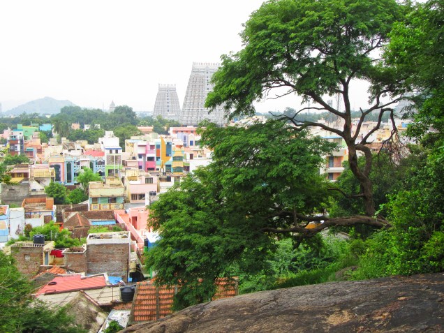 View of the eastern and western gopurams of the Annamalaiyar temple, viewed from below the Sri Arthanisvarar temple.