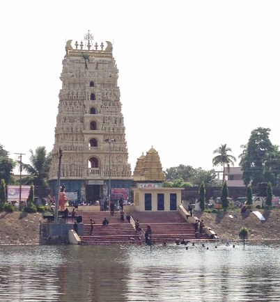 Big gopuram of Sri Bhavananarayana Swamy, viewed from across the tank