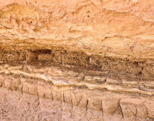 Closeup of layered sands and fossilized marine life at Gebel el Dakrur, Siwa Oasis.