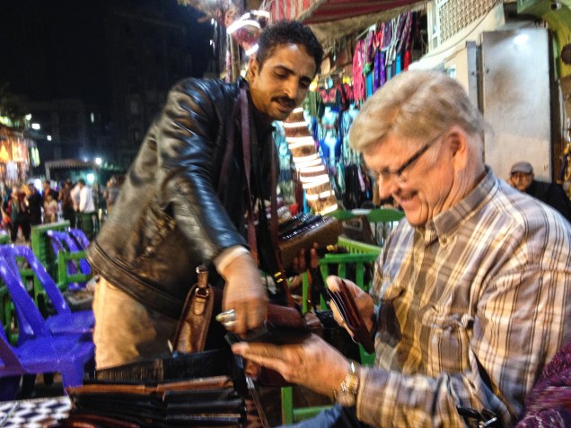 Tom negotiating for a new wallet in Khan el Khalili, Cairo