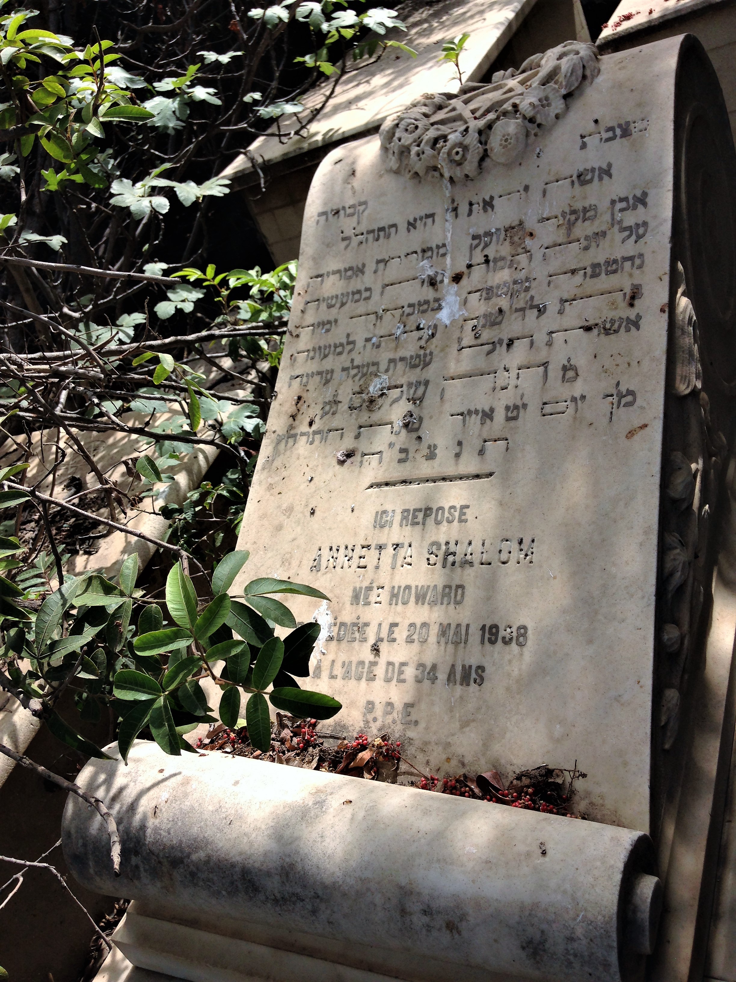 Tombstone of Annetta Shalom in Alexandria's Jewish cemetery.
