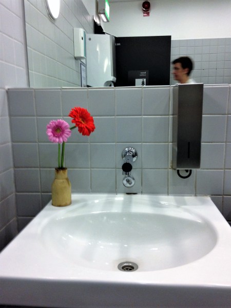 Photo of fresh flowers in a ladies' bathroom at Frankfurt Airport.