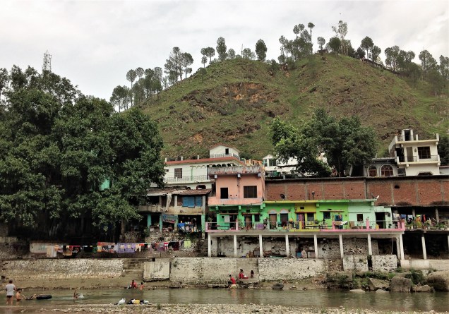 View of Chandika Temple high on a hill above the Saryu River, Bageshwar, Uttarakandh