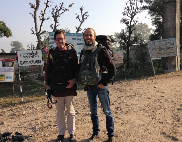 Alan and Chris at the edge of no-man's-land, as we walked from Gadda Chauki in Nepal towards Banbasa in India to complete our visa run.