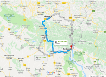 Map showing trip from Almora to Banbasa