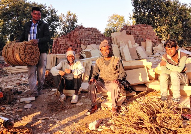 Four workmen at the Jain temple, Amarkantak, Madhya Pradesh