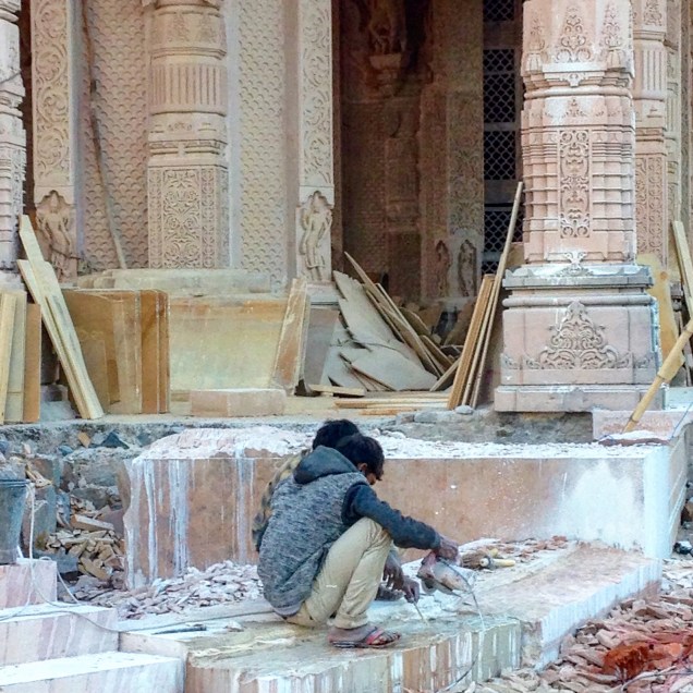 A motorized circular saw being used at the Jain temple, Amarkantak, Madhya Pradesh