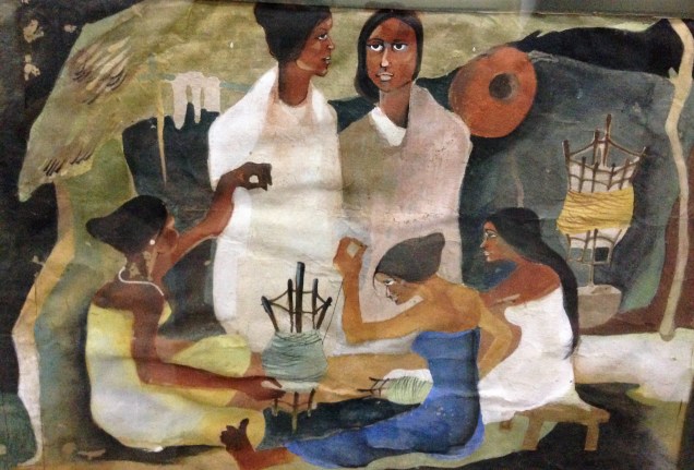 Painting detail, women and girls spinning yarn in Bodo village, Assam State Museum, Guwahati, Assam