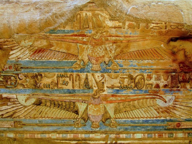 The remains of elaborate paint on a ceiling of the Kom Ombu temple in Aswan, Egypt.