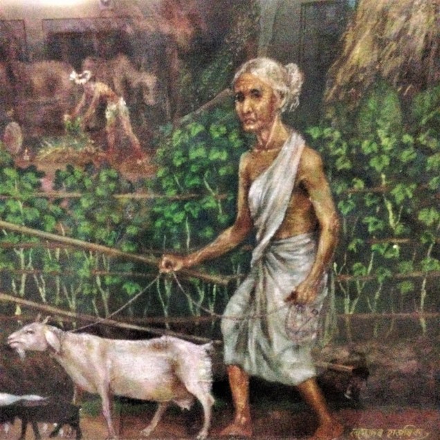 Detail of a painting of a rural village. Detail shows a poor old lady leading a goat. Assam State Museum, Guwahati, Assam