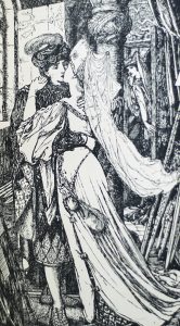 An illustration from one of the Andrew Lang fairy tale books -- a prince kissing a princess.