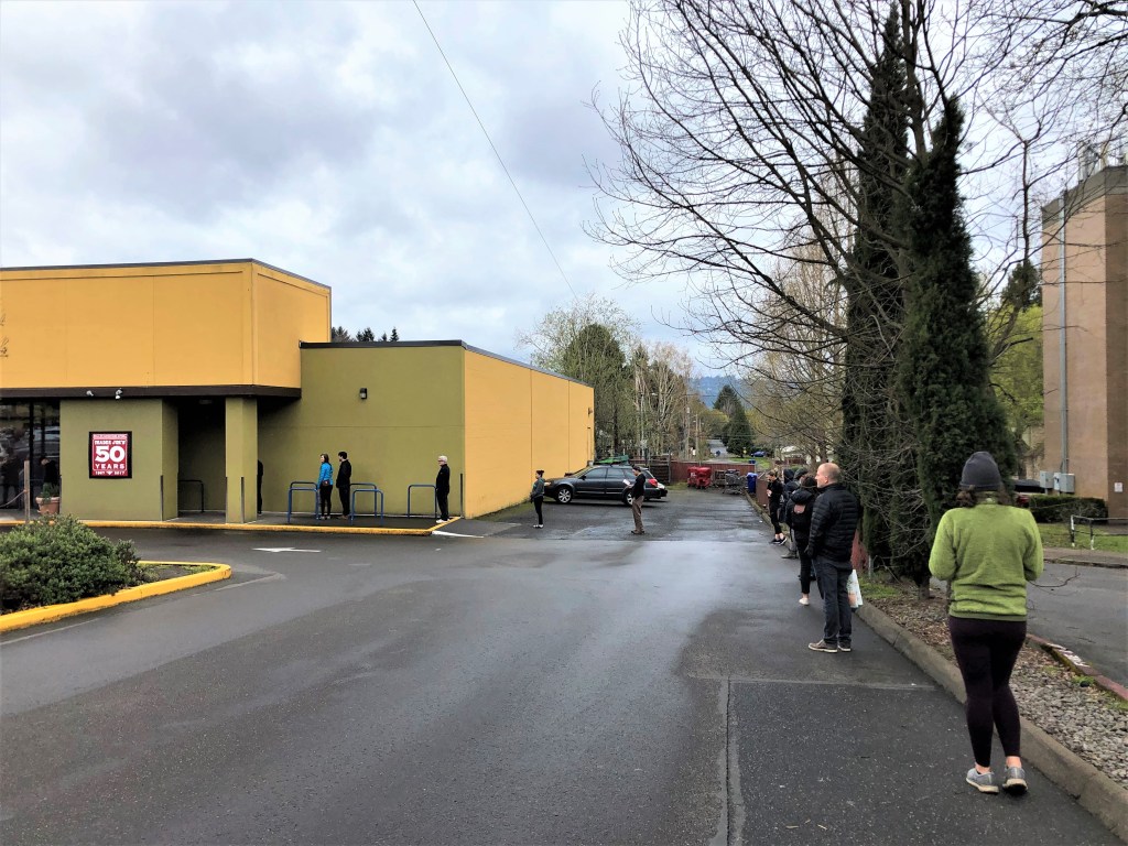 Waiting in line outside Trader Joes, and social distancing by six feet (or more).